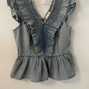 Cottagecore Calligraphie Denim Ruffle V-Neck Top